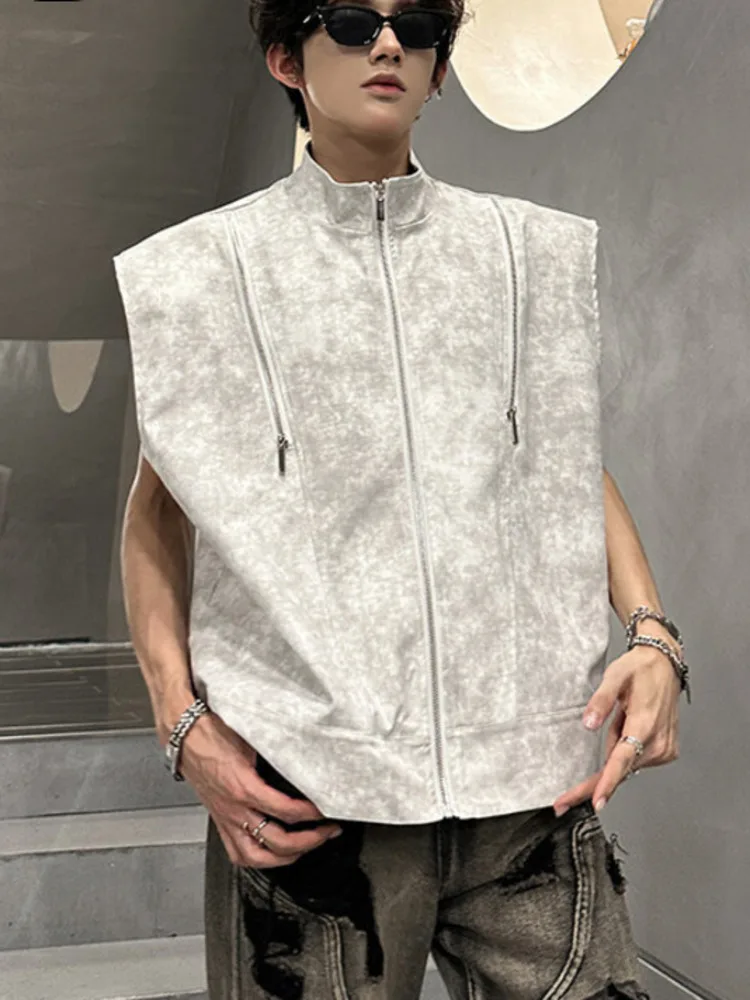 New Summer Men's Tank Tops Stand Collar Multi Zippers Patchwork Dirty-dying Sleeveless Shoulder Pad Male Vests New HGN7