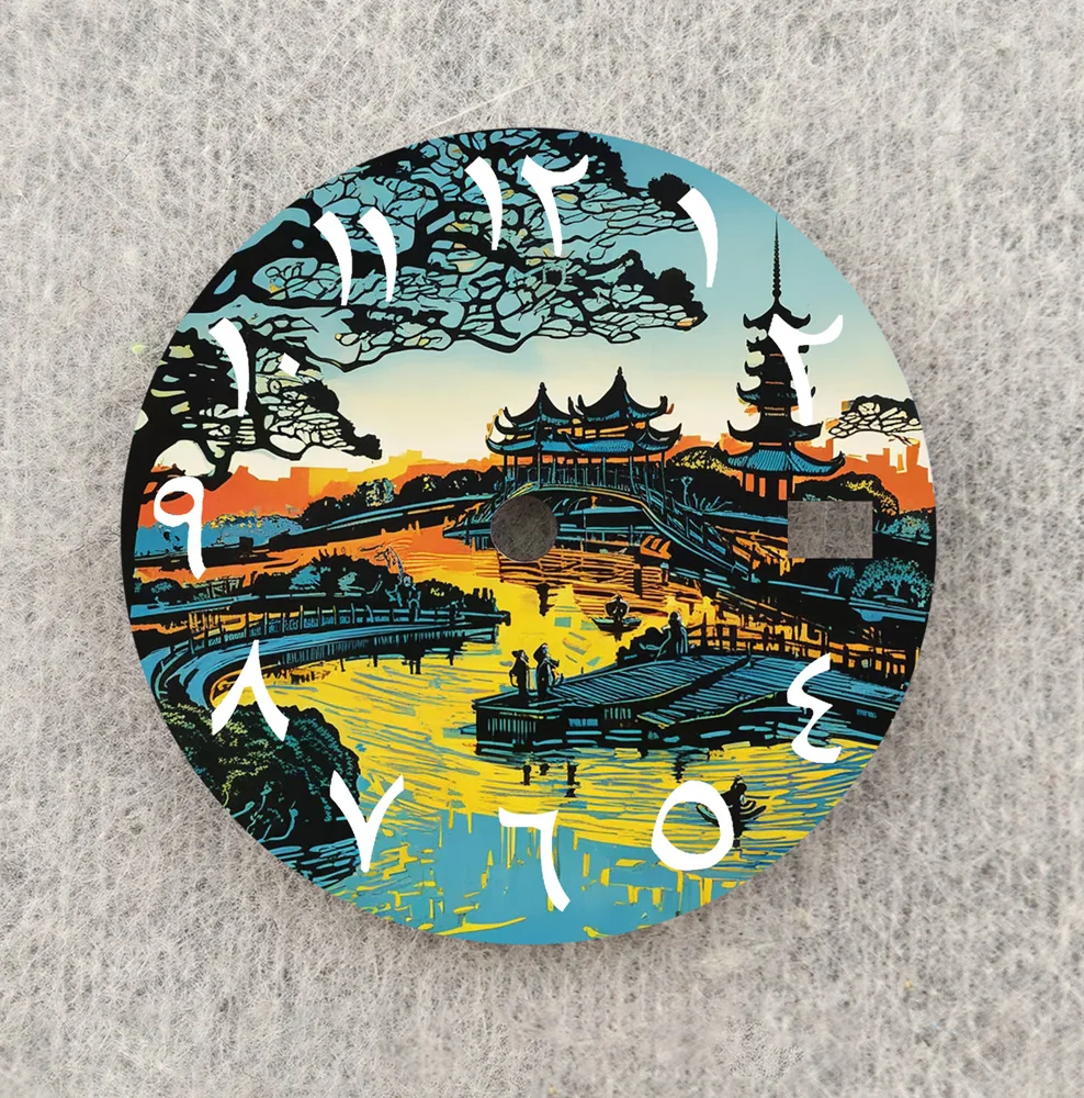 Nh35 dial pôr do sol torre antiga dial 28.5mm algarismos árabes dial caber nh35/36 movimento relógio peças acessórios de substituição