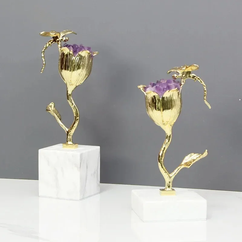 Golden Dragonfly Decorative Amethyst Flower Ornaments Desk Decoration Gold-plated Flower Sculpture Room Aesthetics Decor