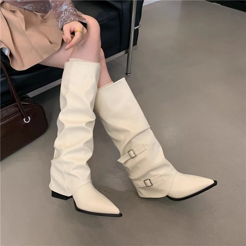 Women Pointed Toe Knee High Boots Slouchy Foldover Leather Shaft Buckle Strap Slip On Chunky Heel Long Boots Shoes image 3