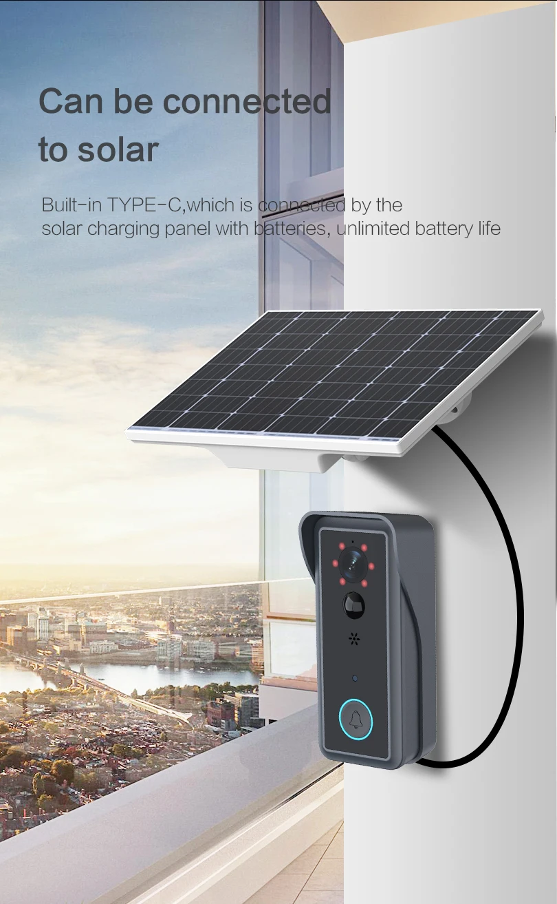 Energy saving solar charging wifi wireless doorbell camera motion monitoring wireless doorbell HD lens doorbell camera