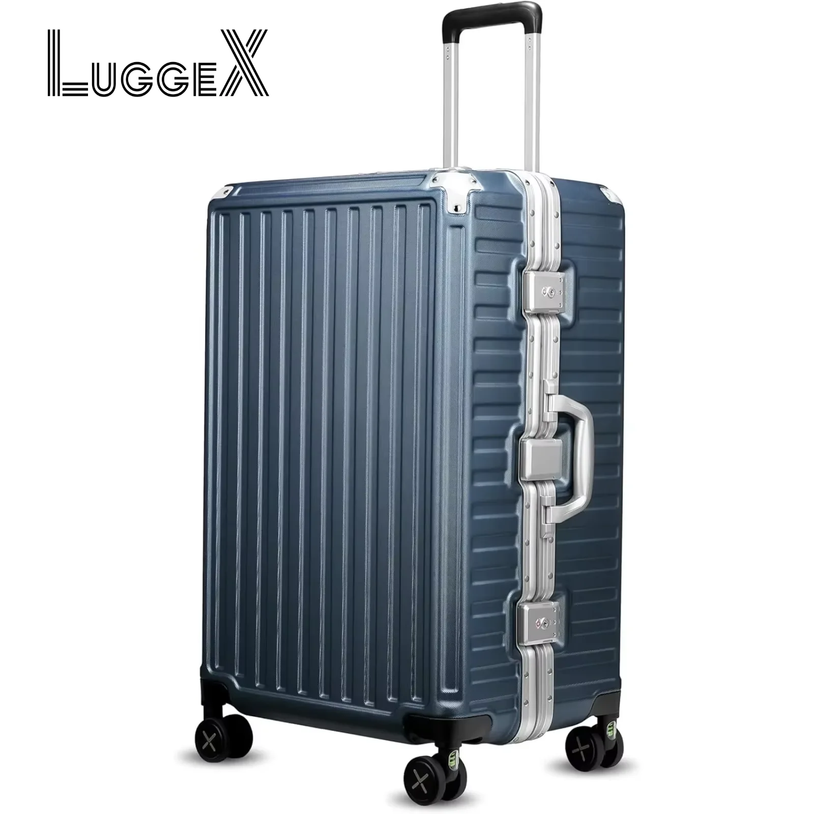 LUGGEX-Valise sans fermeture éclair avec roues rotatives, bagage à coque rigide en aluminium polycarbonate, grand bagage à carreaux, bleu, 28 po