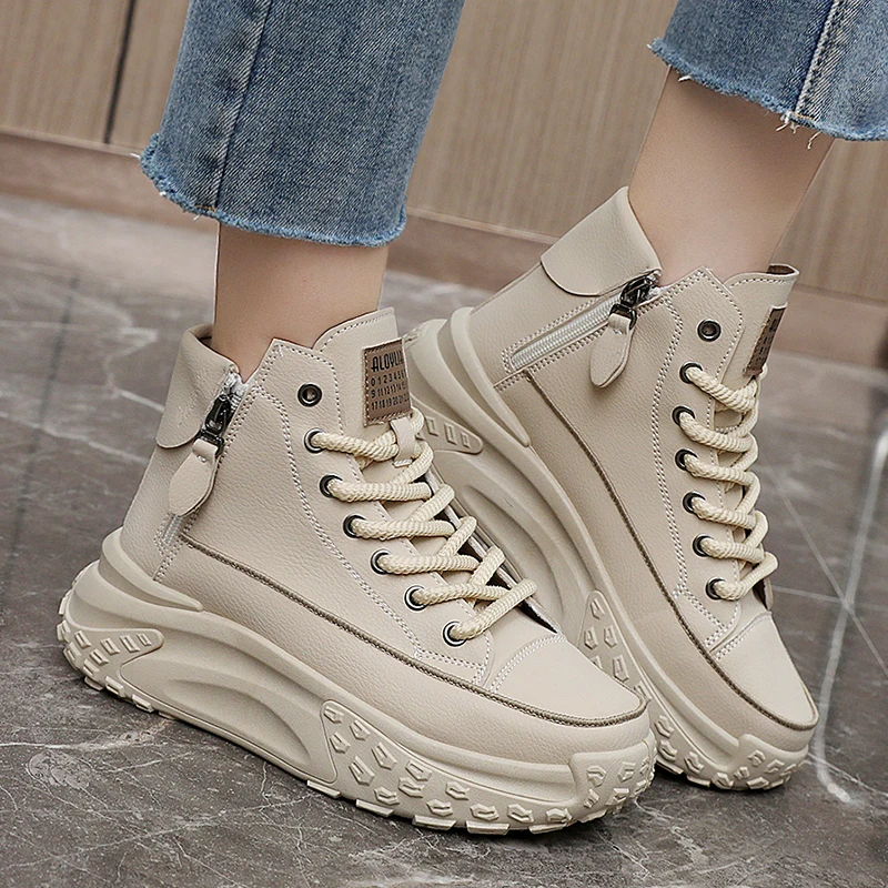 Double Zipper Chunky Sneakers Women 2024 Winter Thick Plush Warm Vulcanize Shoes Woman Fashion PU Leather Platform Sports Shoes
