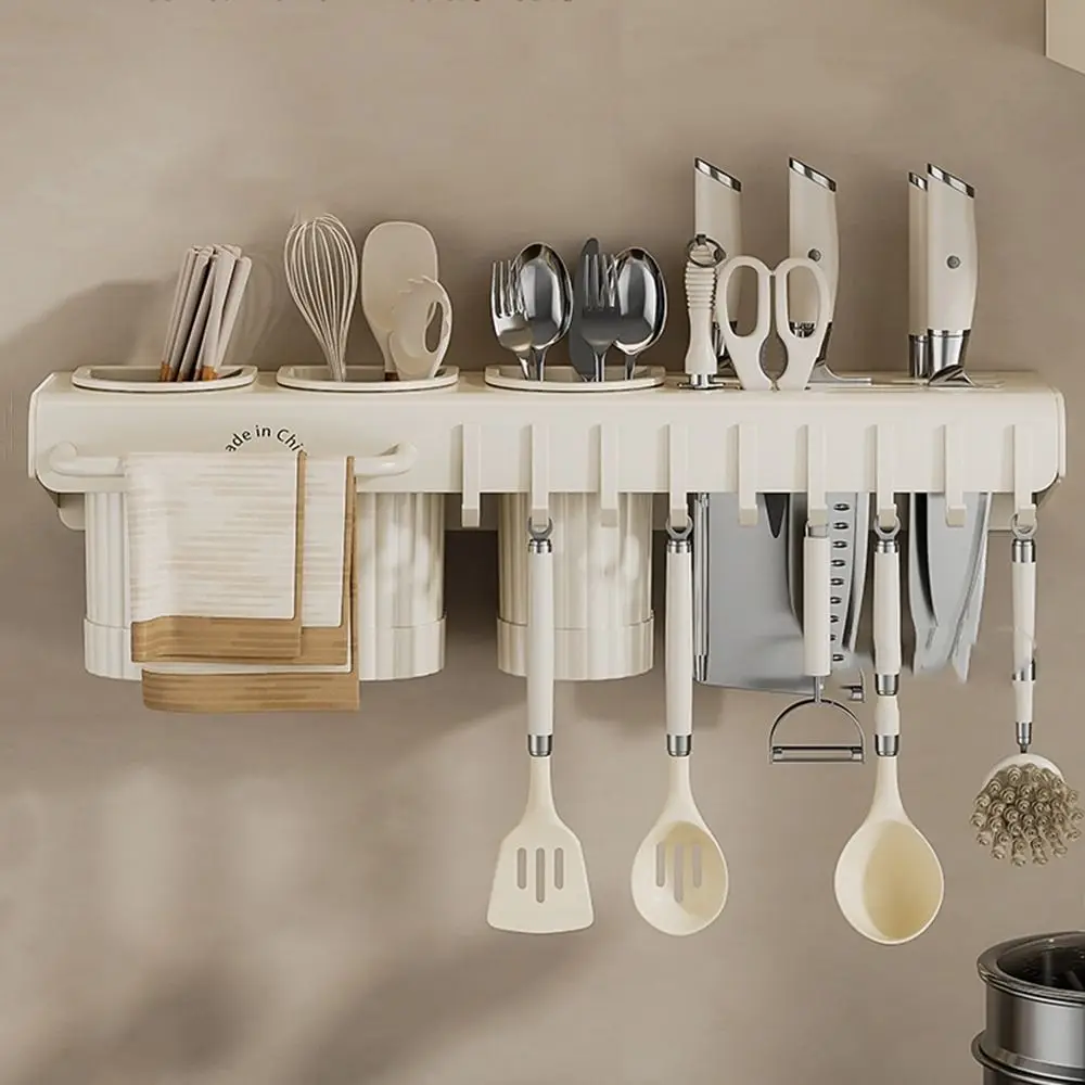 

Carbon Steel Kitchen Storage Shelf Large Capacity Detachable Chopstick Holder with Bracket Hook Wall Mounted