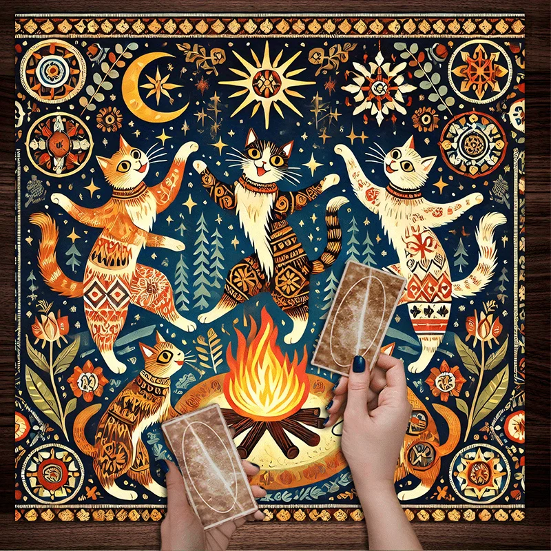 VIKAMA Gorgeous Fantasy Bohemian Style Square Altar Cloth Magic Dance Cat Flower Star Pattern Tarot Card Witchcraft Mystery Pad