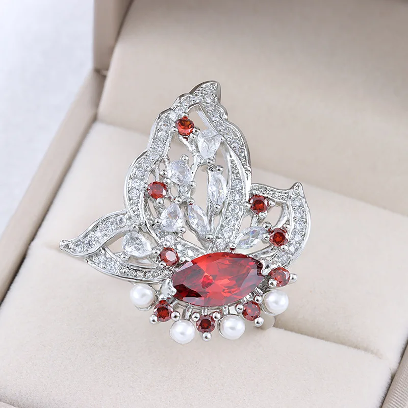 Exaggerated Oversized Hollow 925 Silver Full Diamond Ring Women's Love-shaped Flower Ruby Pearl Engagement Gift Jewelry