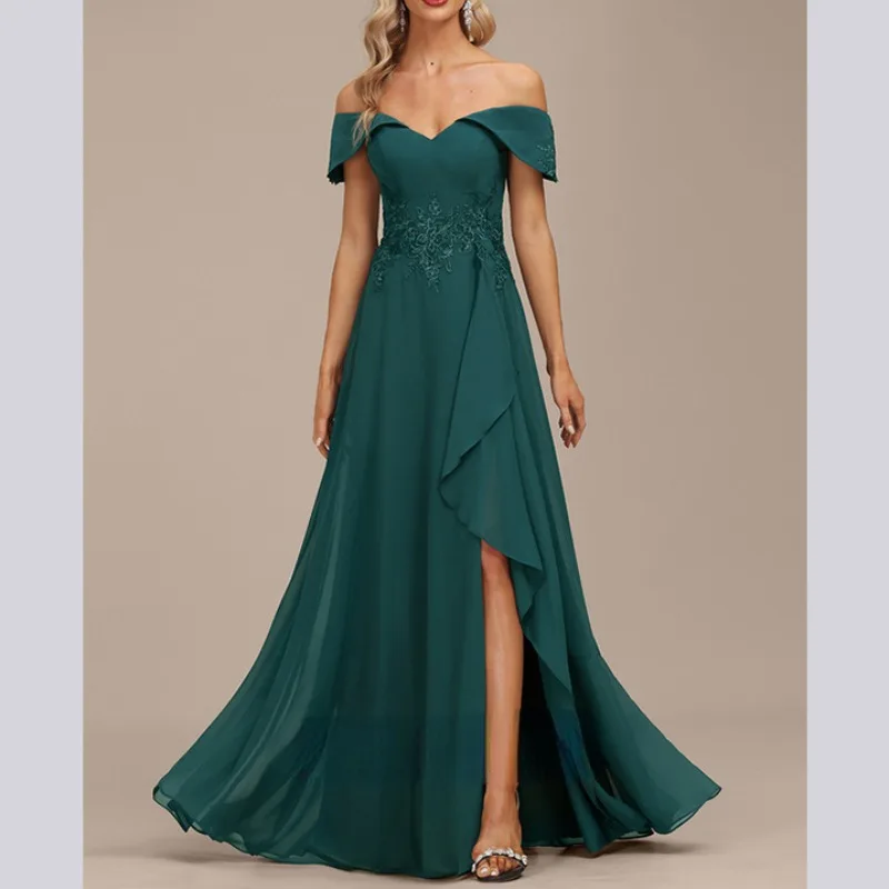 

Elegant Boat Neck Evening Chiffon Dress 2024 Popular Long Party Gowns for Women Simple Solid Sweet Formal Prom Dresses Vestidos