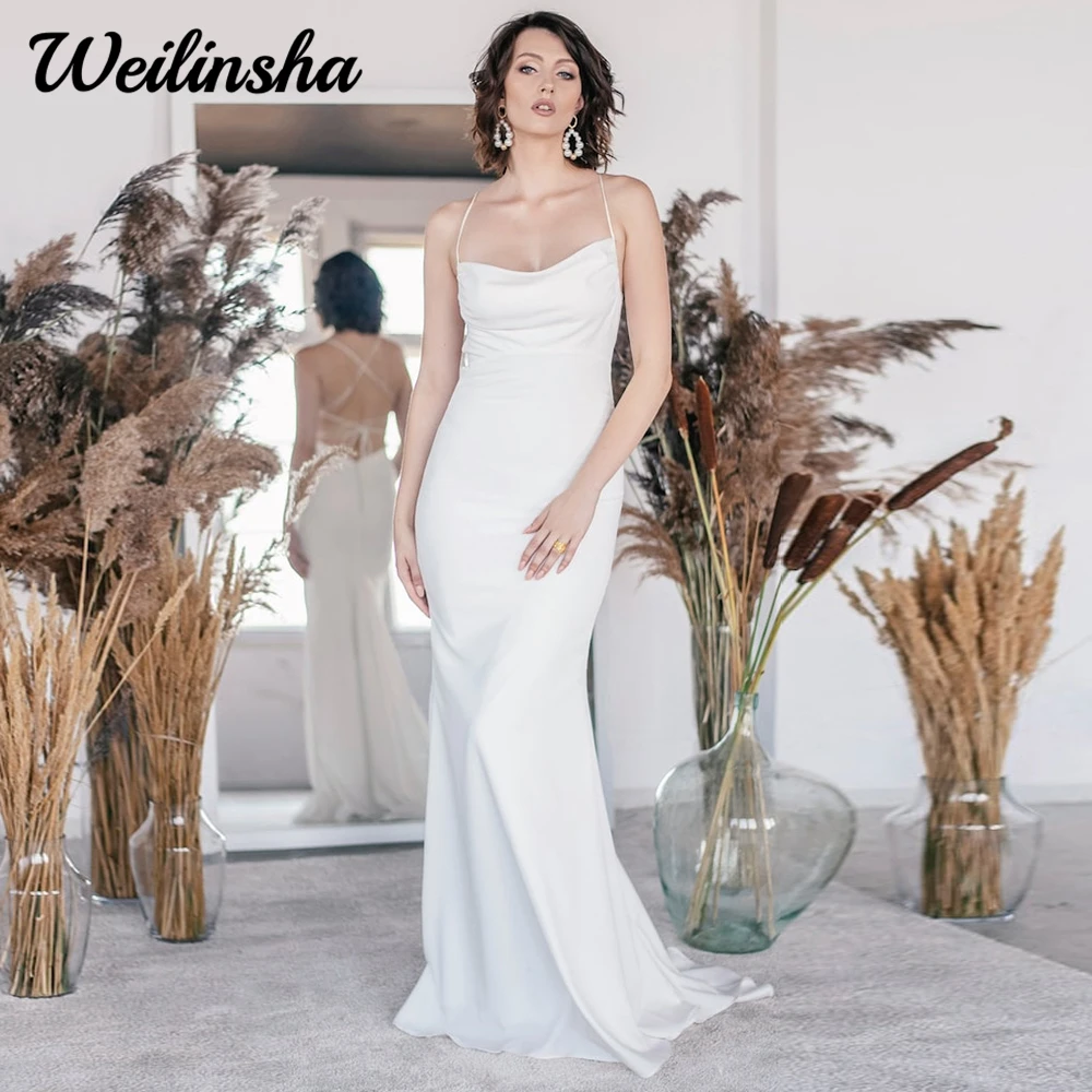 

Customized Bohemian Woman Wedding Dress Mermaid Sexy Spaghetti Straps Jersey Sweetheart Backless Bridal Gown With Sweep Train Ve