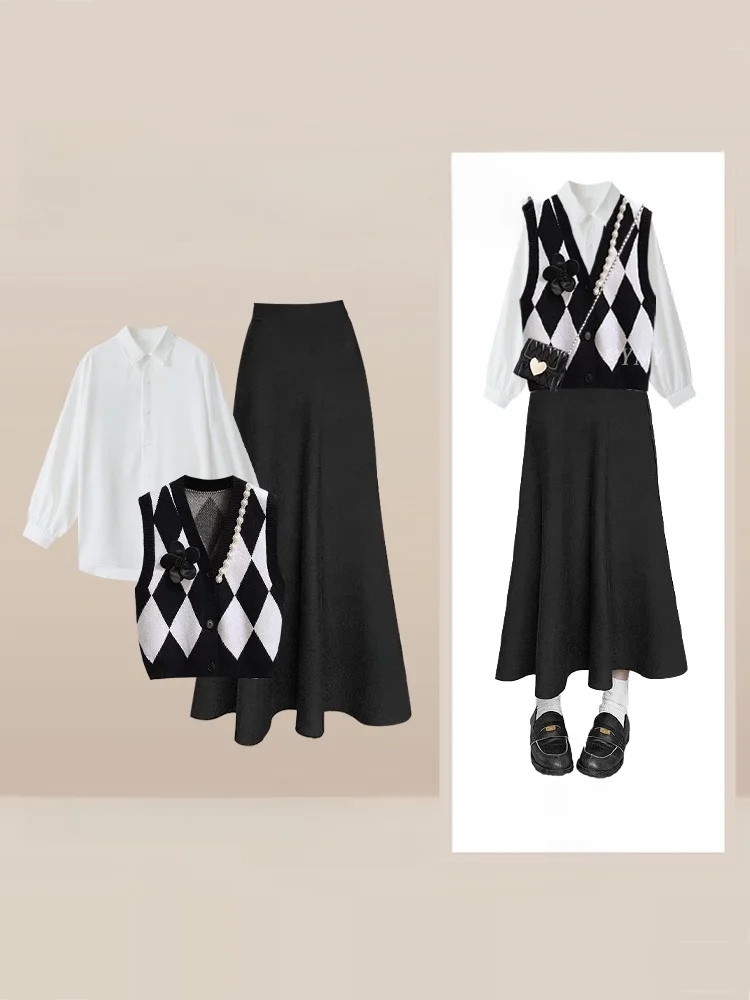 

Роскошный вязаный жилет, топ f, юбка, футболка, комплект, женская мода, осень 2021, жемчуг, экращенная камелия, бриллиант, дизайн id