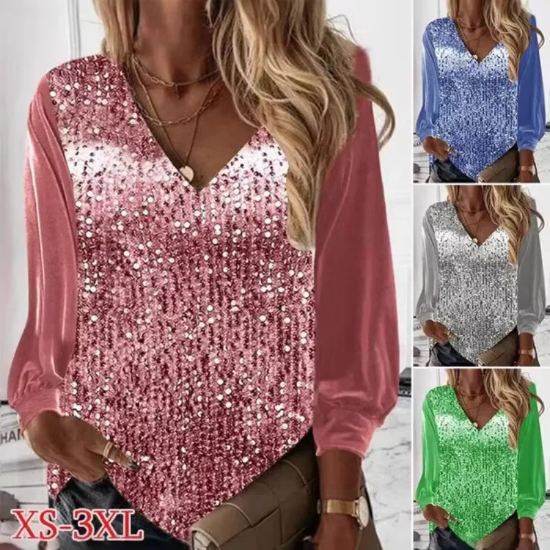 Moroder 2025 primavera/verão pulôver com decote em V com painéis de lantejoulas e mangas de sino da moda camiseta feminina