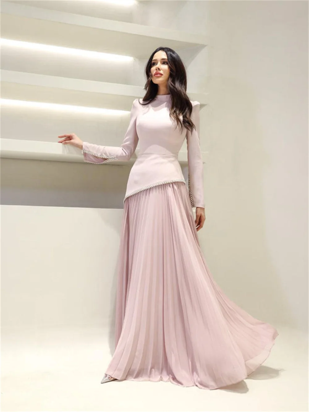 Contessa Dubai personalizado cuello redondo manga larga A-line vestidos de graduación hasta el suelo elegante فستانmaveraVestidos de fiesta rosas