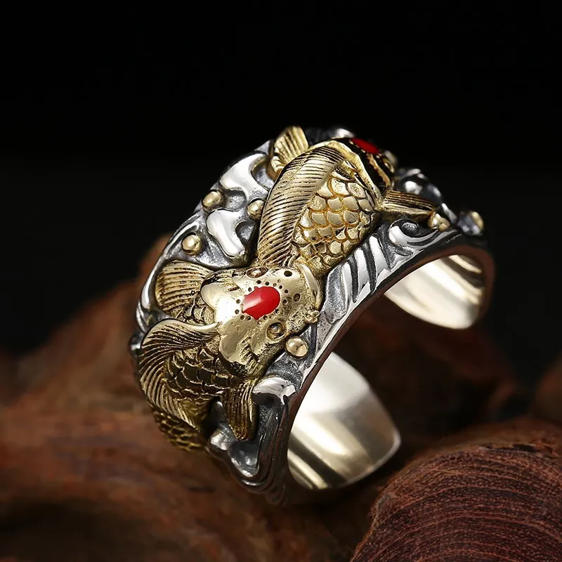 

S925 Sterling Silver Jewelry Men's Personality Koi Wide Open Ring Thai Silver Vintage Set Copper Carp Index Finger Ring Tide