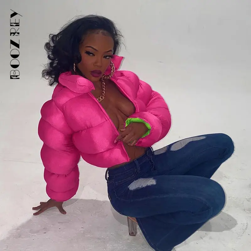 BoozRey Sexy Short Padded Jacket Women's Winter Girl Streetwear Cool Zipper Parkas Womens Winter Clothing 2022 Punk Coat Outfits