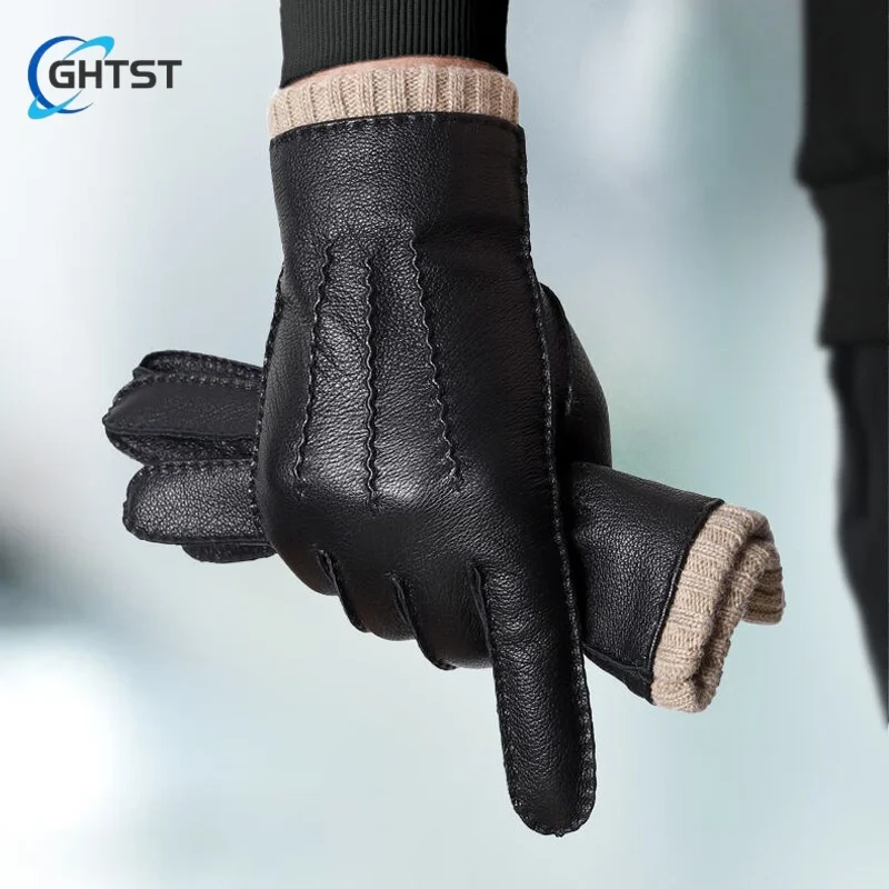 Fashion Leather gloves for men in winter plus fleece thickening drive riding warm motorcycle touch screen waterproof windproof