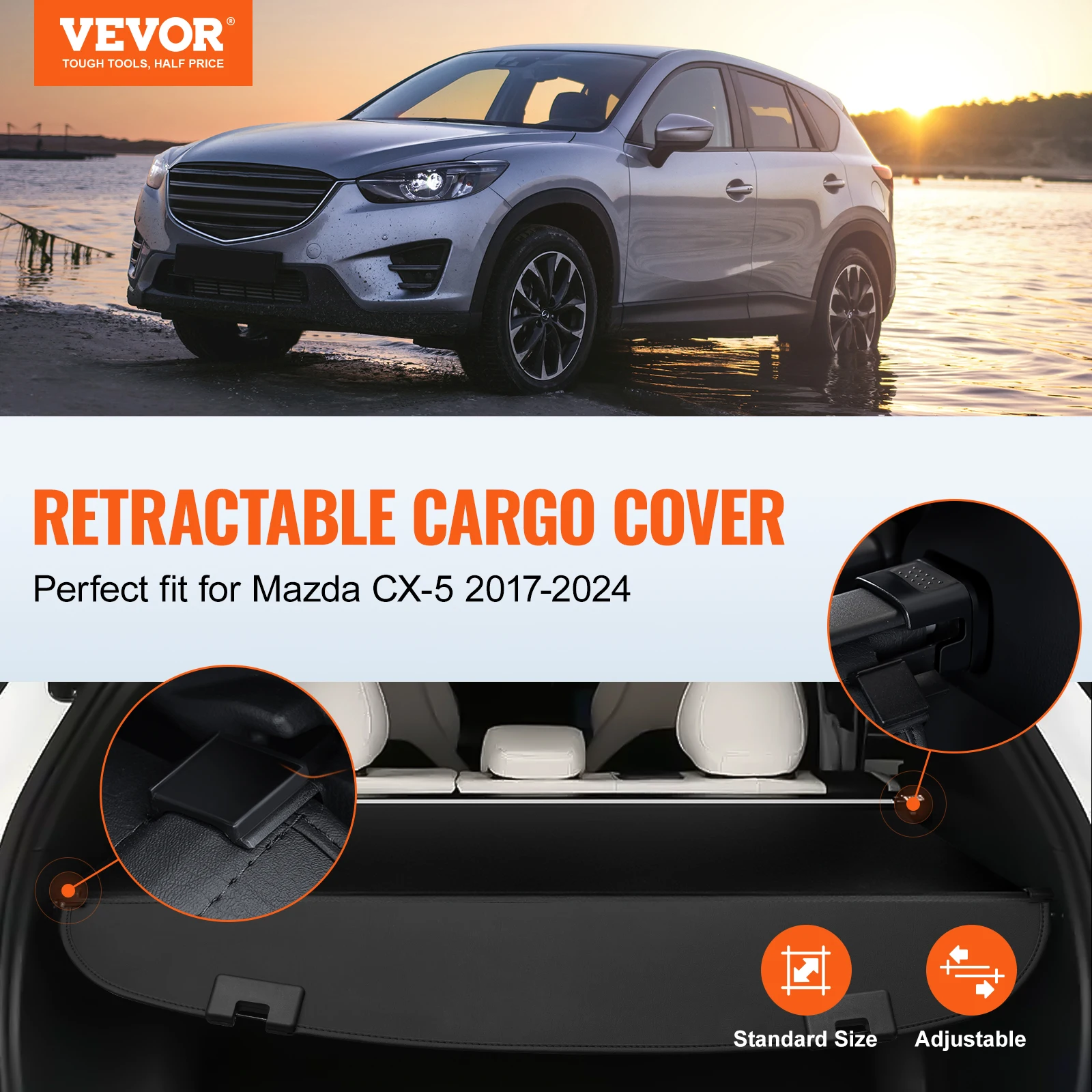 VEVOR Retractable Cargo Cover Upgraded Waterproof Trunk Cover Security Shield Shade for Mazda CX-5 2017-2024 Rear Trunk Cover