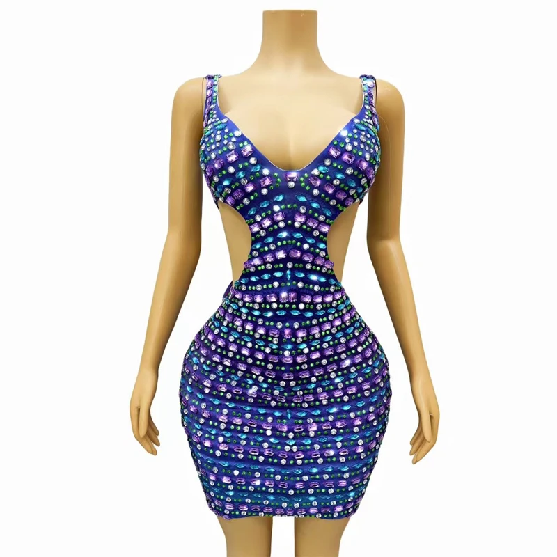 カラフルなラインストーンイブニングドレス衣装女性の誕生日祝う衣装ジャズダンスドレスステージパフォーマンス衣装 XS8130
