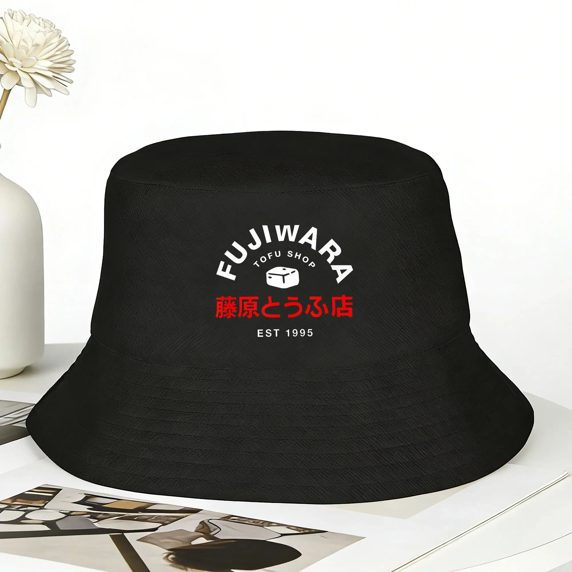 Initial D Fujiwara Tofu Shop Restaurant Logo Est 1995 Bucket Hat  Hawaii Fisherman Caps For Men Personality Custom Cap