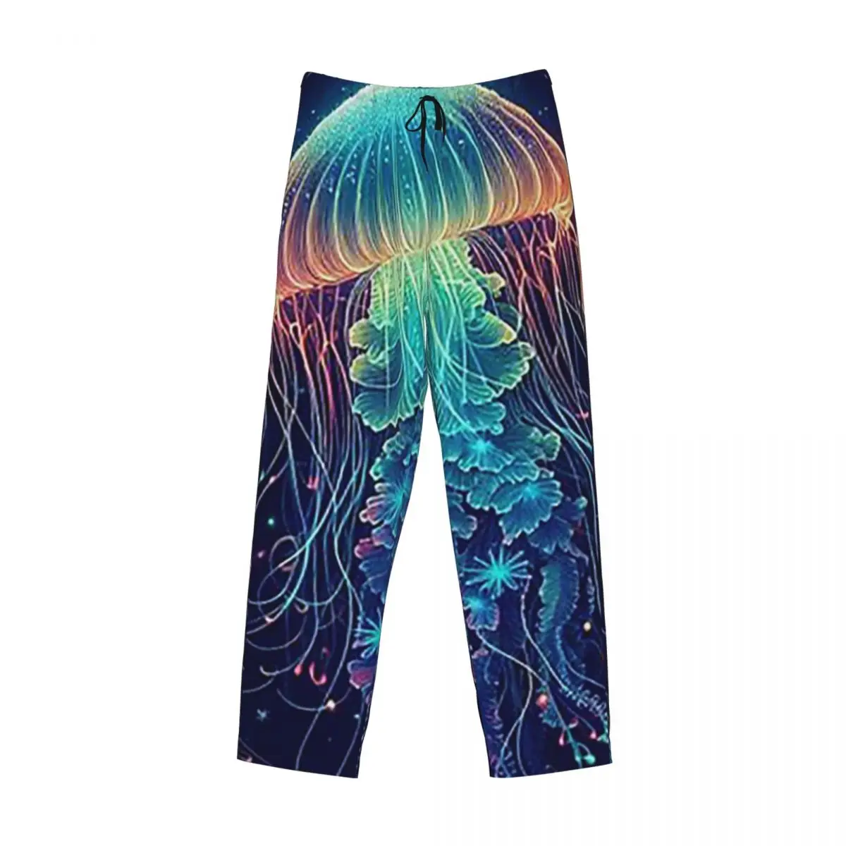 Custom Luminescent Rainbow Jellyfish On Navy Blue Pajama Pants Men Sleepwear Sleep Lounge Bottoms with Pockets