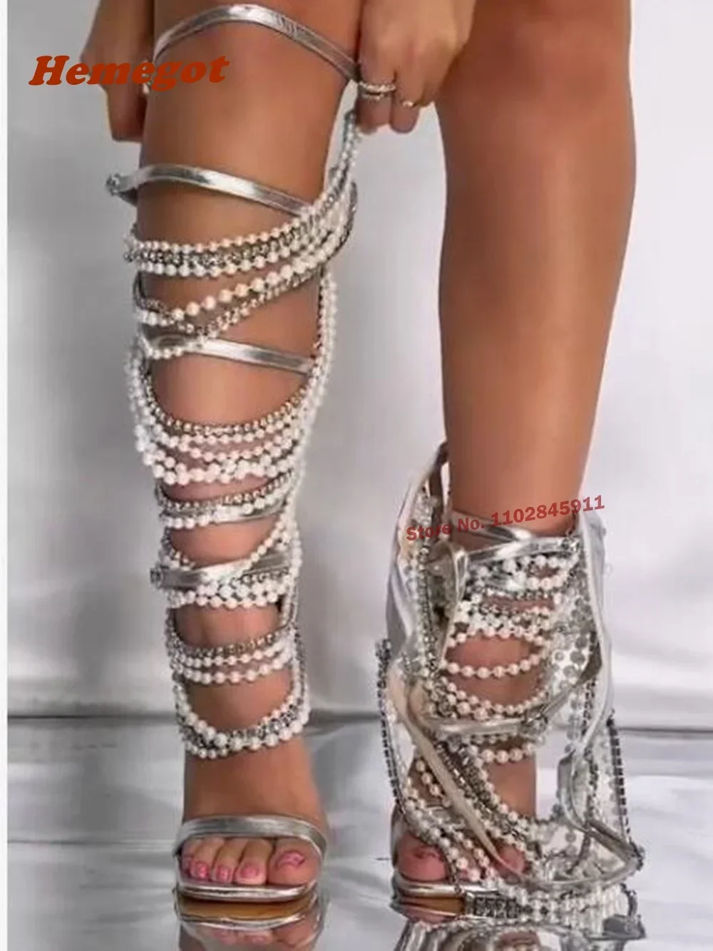 Pearl Metal Chain Sandals Tassel Crystals Square Toe Stiletto Heels Women's Sandals Buckle Strap Cut Out Back Zipper Summer Shoe view 5