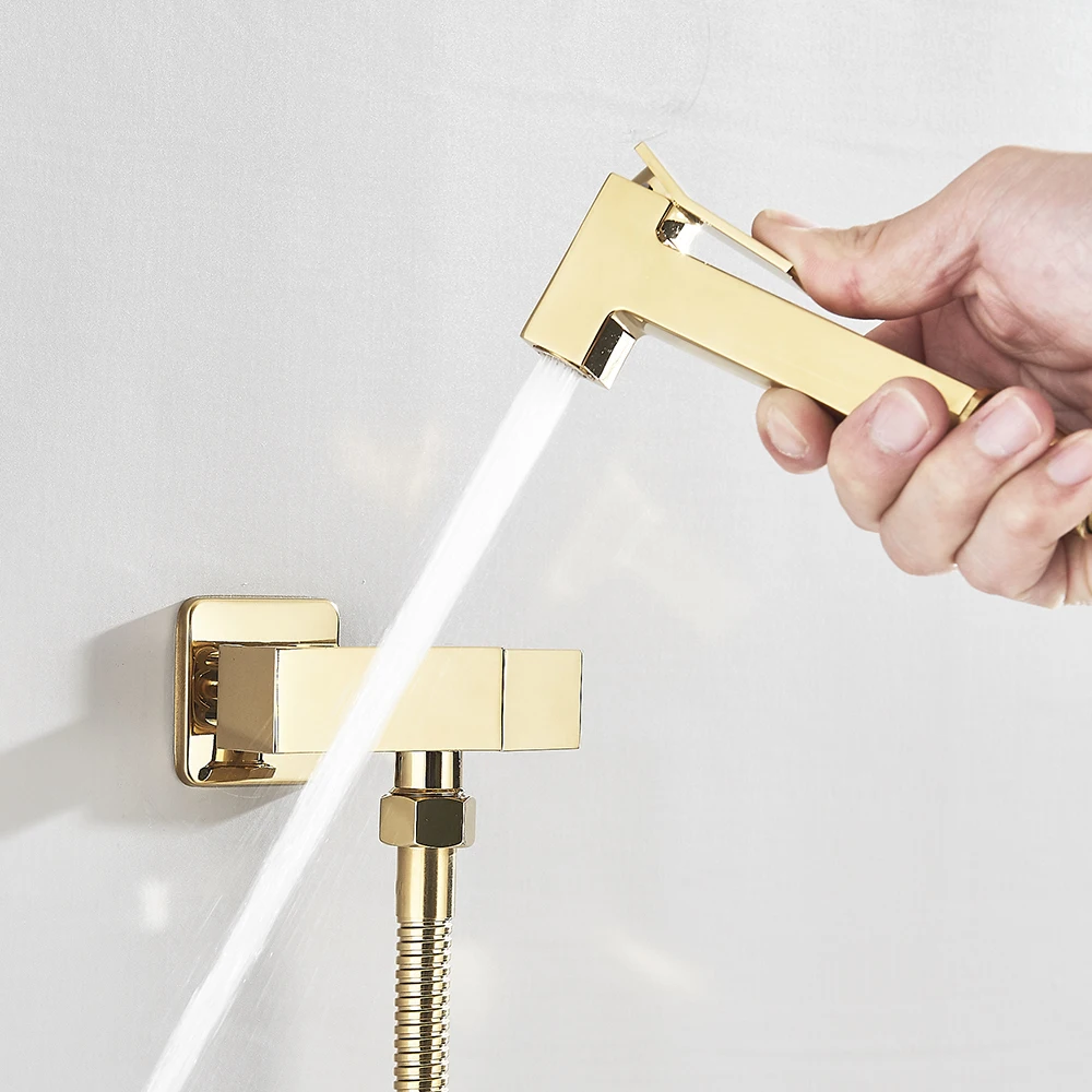 Goldener Bidet-Wasserhahn Gebürstetes Gold Badezimmer-Armatur Handbrause Wandmontierter Schwarzer Wasserhahn Bidet-Sprühkopf