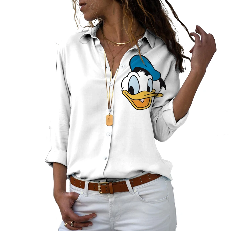 Disney-Camisa feminina de botão Harajuku, manga comprida, lapela, Mickey, Minnie, casual, fofo, Y2K, impresso em 3D, Novo, 2022