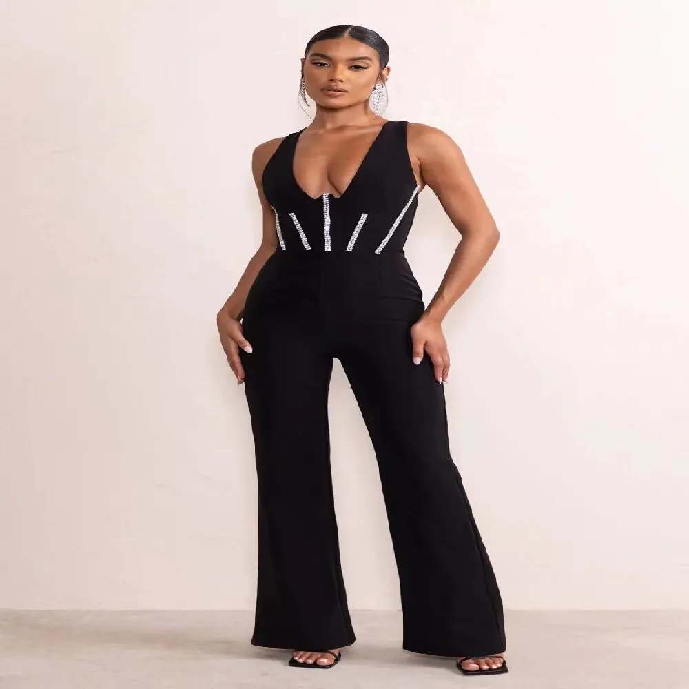 New Fashion Simple Office Lady Jumpsuits Elegant Sleeveless Rhinestone Pantsuits Black Fit Slimming Sets Causal Urban Wear