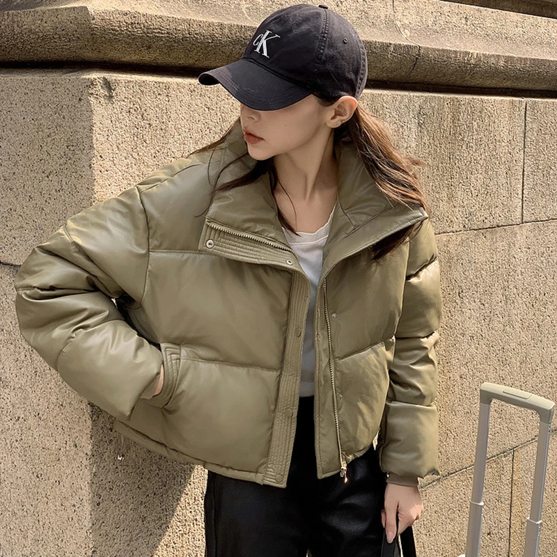 Women Winter Thick Short Parkas Casual All Matching Solid Pu Cotton Puffy Coats Solid Street Lapel Zipper Warm New Female Jacket