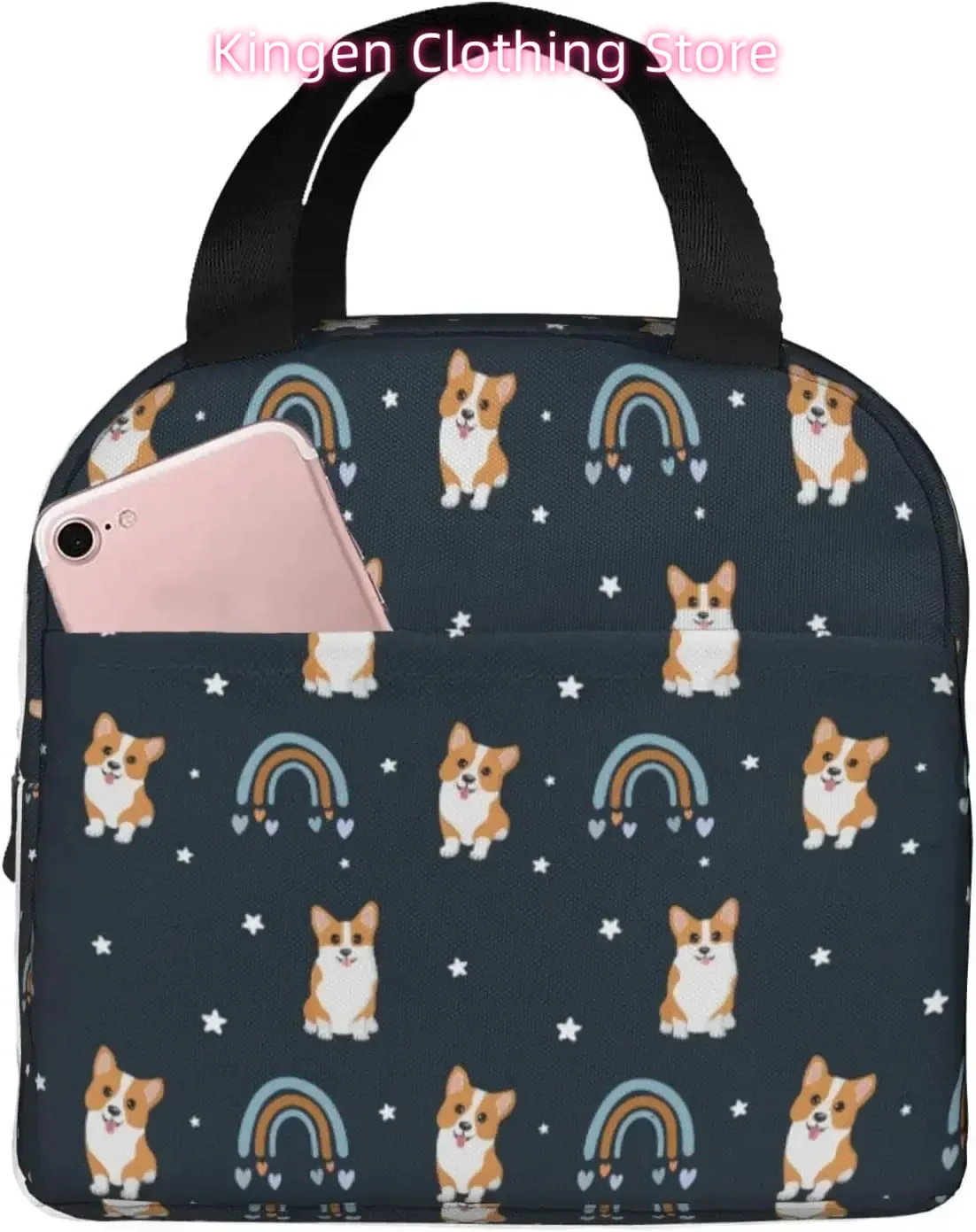 Corgi Lunch Bag Cute Corgi Print Insulated Lunch Box Container with Frond Pocket for Work Picnic Travel