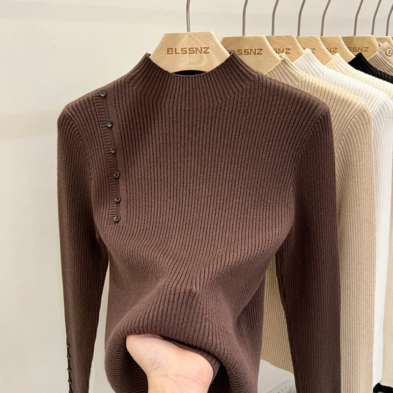

Zjaiss Women's Turtleneck Solid Color Pullovers 2025 Autumn Winter New Sweater Korean Long Sleeve Slim Button Femme Warm Tops