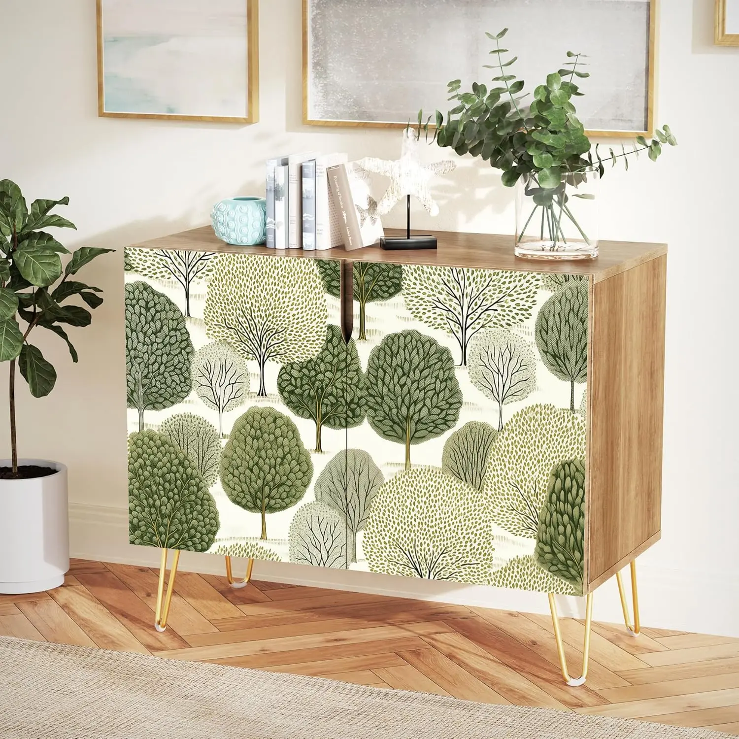 Aparador Buffet, mueble de almacenamiento de cocina con 2 puertas, armario con ilustración de árbol verde, mesa consola para comedor