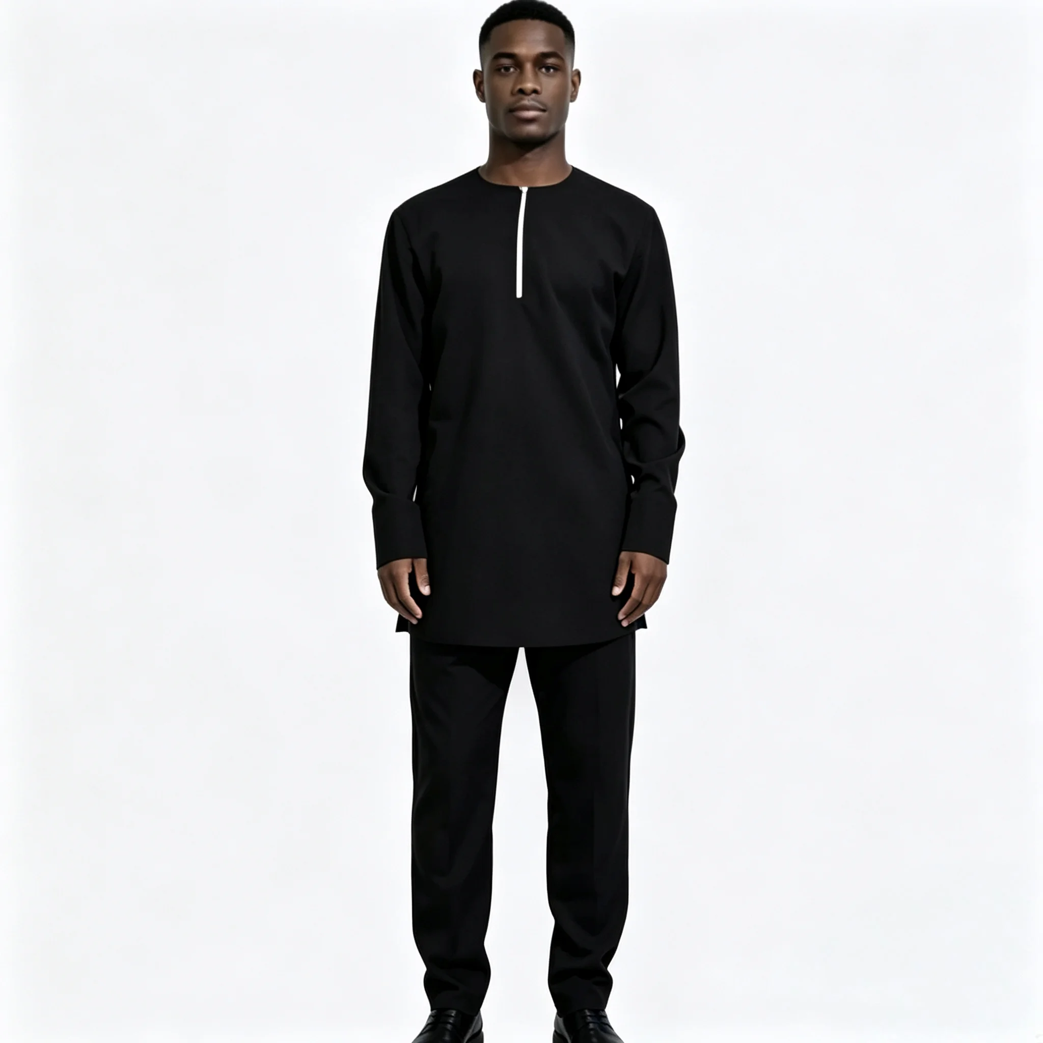 Men's Sets Solid Black Zipper Placket Shirt & Trousers Vintage Style Pant Suits Designer African Couture Performance Wear - view 6