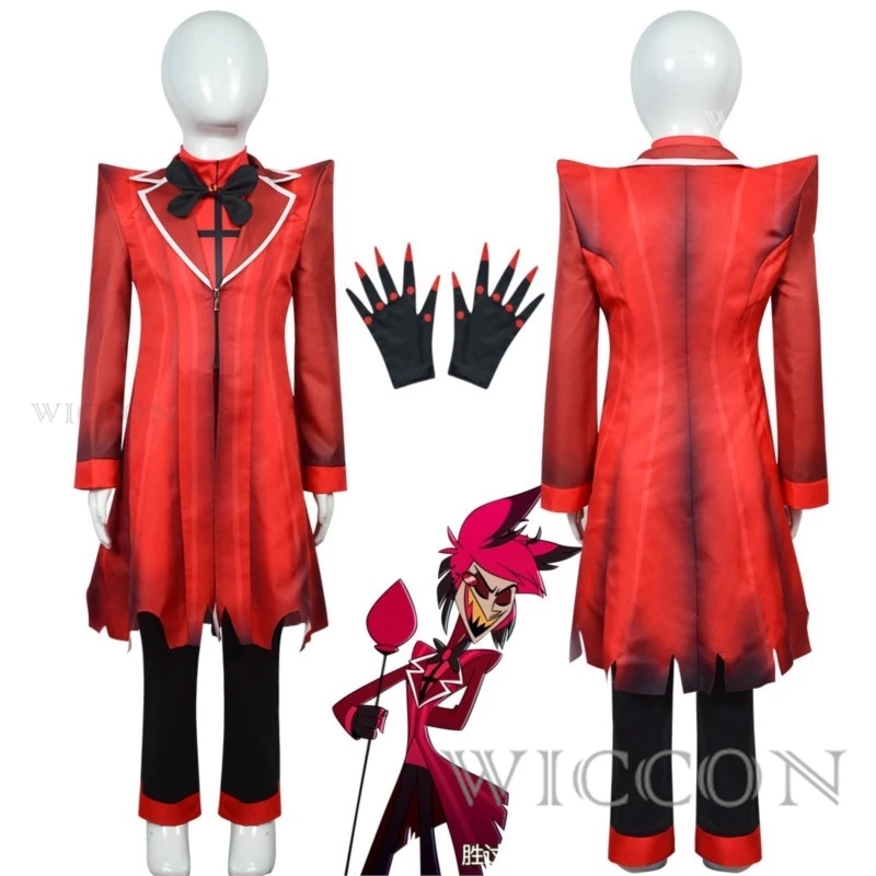 ALASTOR-Hazbbin Cosplay Anime com Orelhas de Peruca, Uniforme Halloween para Homens e Mulheres, Casaco Vermelho, Terno Infantil, Acessórios de Hotel