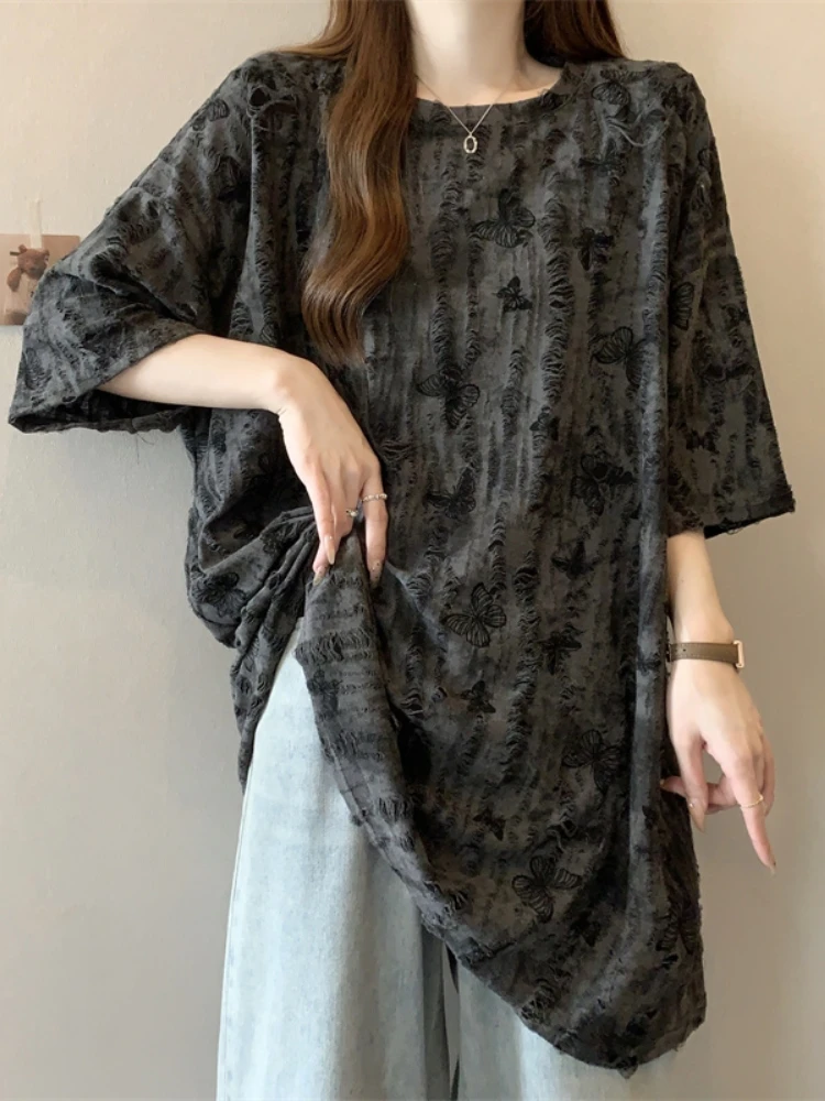 

American Retro Short Sleeve T-Shirt Women Summer New Large Size Base Shirt plus Size Slimming Mid-Length Butt Covering Top