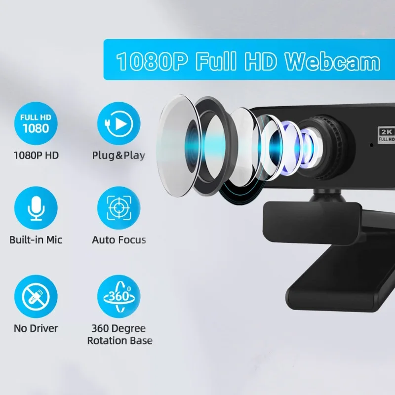 Cámara web 1080P, Mini cámara 2K Full HD con micrófono, cámara Web USB de 30fps para enfoque automático, PC, portátil, cámara de grabación de vídeo