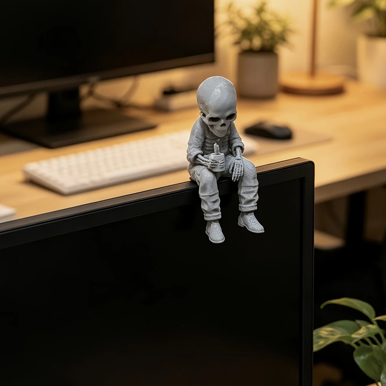 Sitting Skeleton Fatigue Work Figurine 3D Print Holding Coffee Cup Funny Office Desktop Edge  Ornaments Gothic Monitor Top Decor