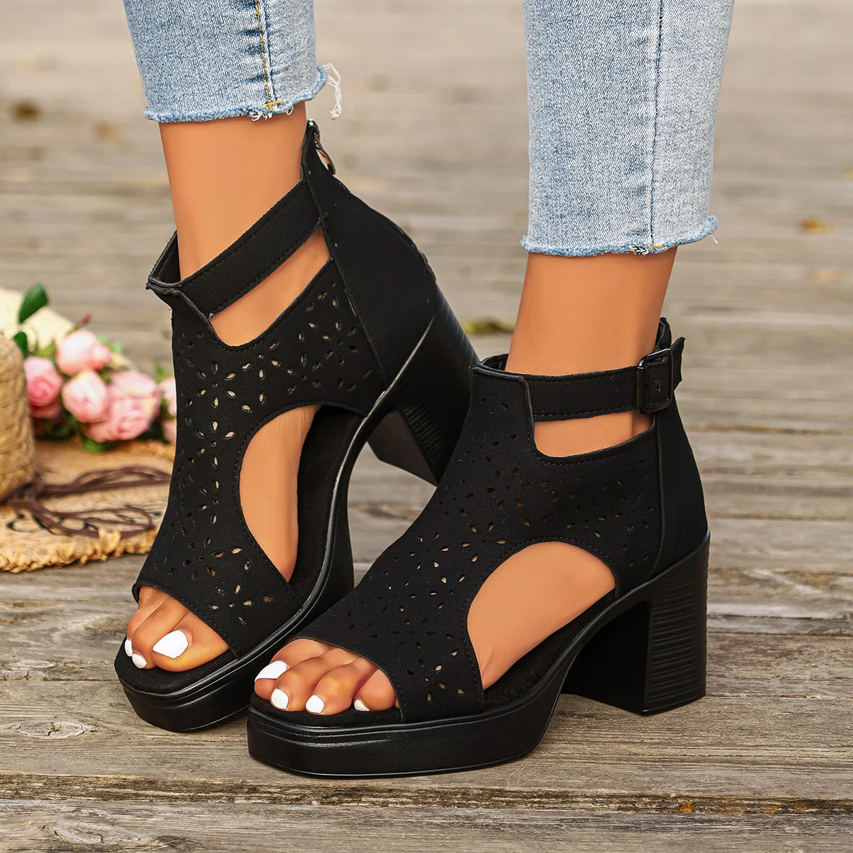 Damen Mode-Riemchensandalen mit Hohem Absatz, Sexy Römische Pumps mit Schnürung, Peeptoe-Sandalen, Lässige Chunky High-Heel-Sandalen