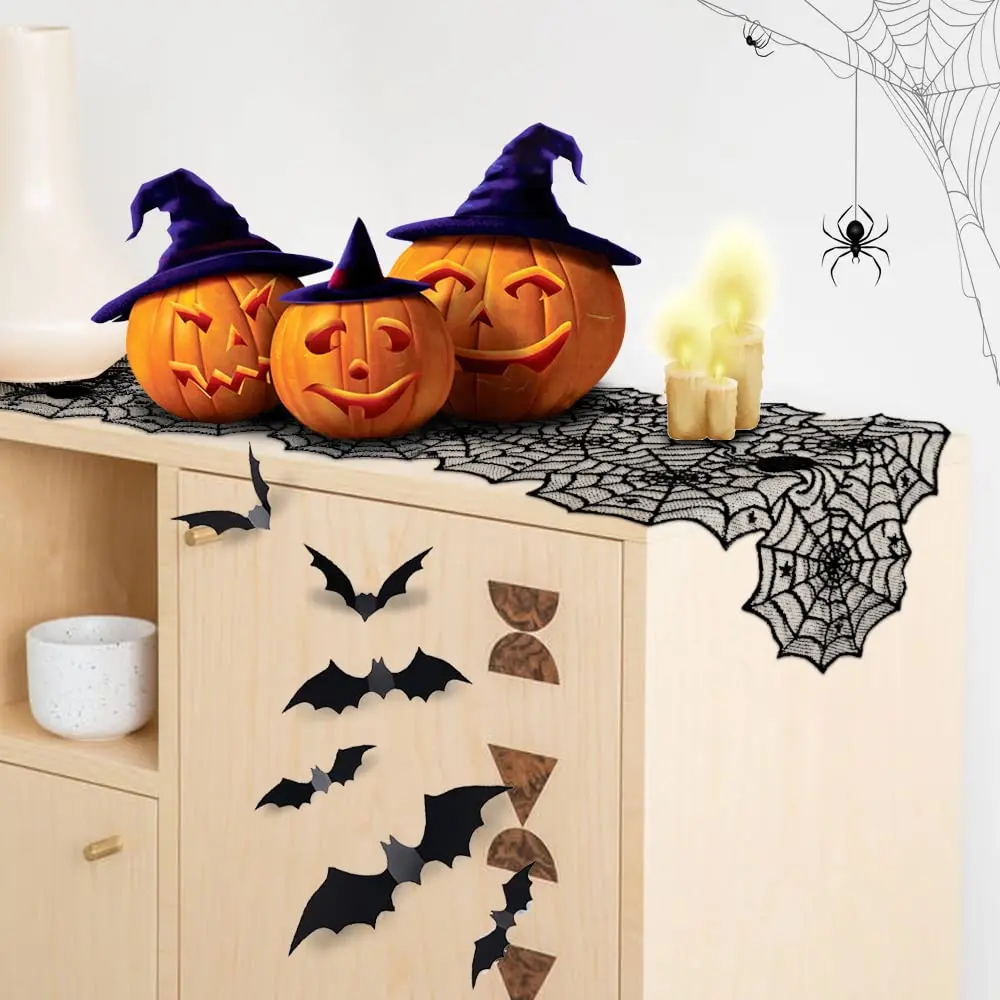 1 Stück Halloween-Dekoration, Tischläufer, Spinnennetz, schwarze Spitze, Tischläufer für Küche, Esstisch, Halloween-Dekoration für den Innenbereich – Detail 5