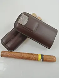 Portable Leather Cigar Case 2 Tube Holder Travel Humidor Cigars Accessories For W/ Cigar Cutter & Gift Box