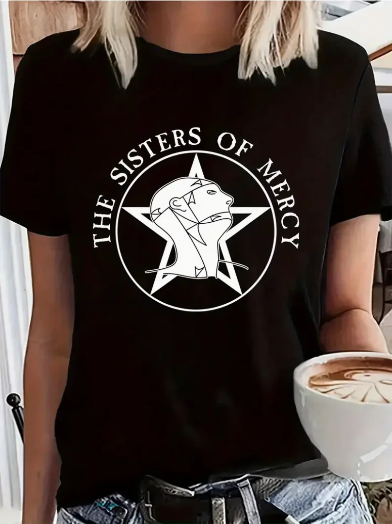 T-shirt oversize da donna con grafica The Sisters Of Mercy Star - Lettering, maglietta casual girocollo a maniche corte, top estivo taglie forti
