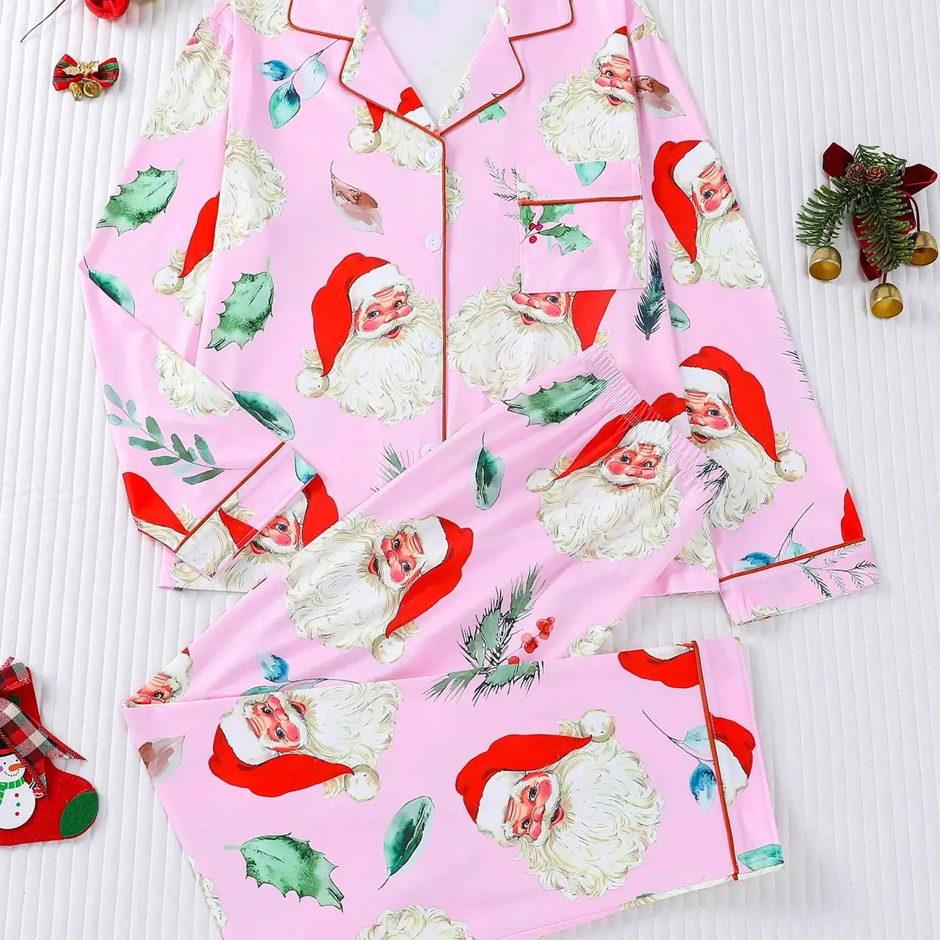 

Watercolor style Christmas printed sleepwear for women, lapel cardigan, elastic waisted pants, two-piece home set