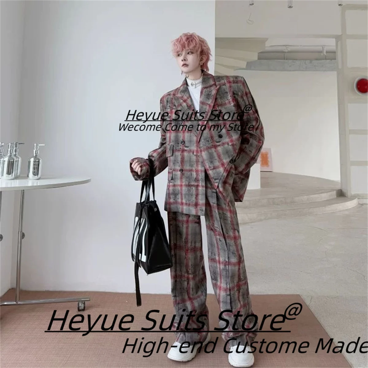 

Korean style Loose Plaid Party Men Suits High-quality Groom Formal Prom Tuxedos 2Pieces Sets Handsome Male Blazers Costume Homme