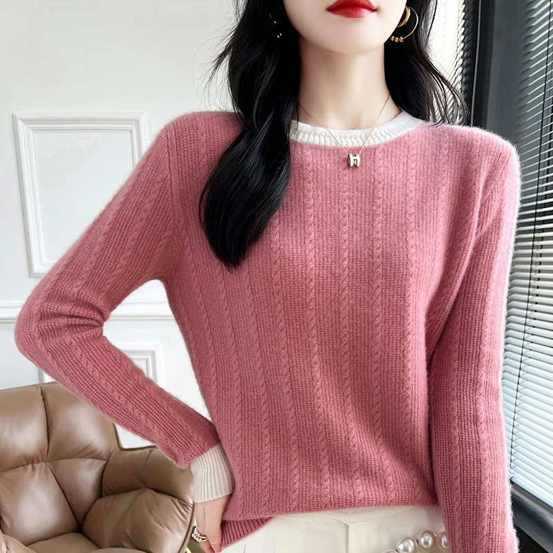 

High End Western Women's Round Neck 100% Pure Wool Knitted Sweater Cashmere Sweater Autumn Winter Loose Fit Pullover Longsleeved