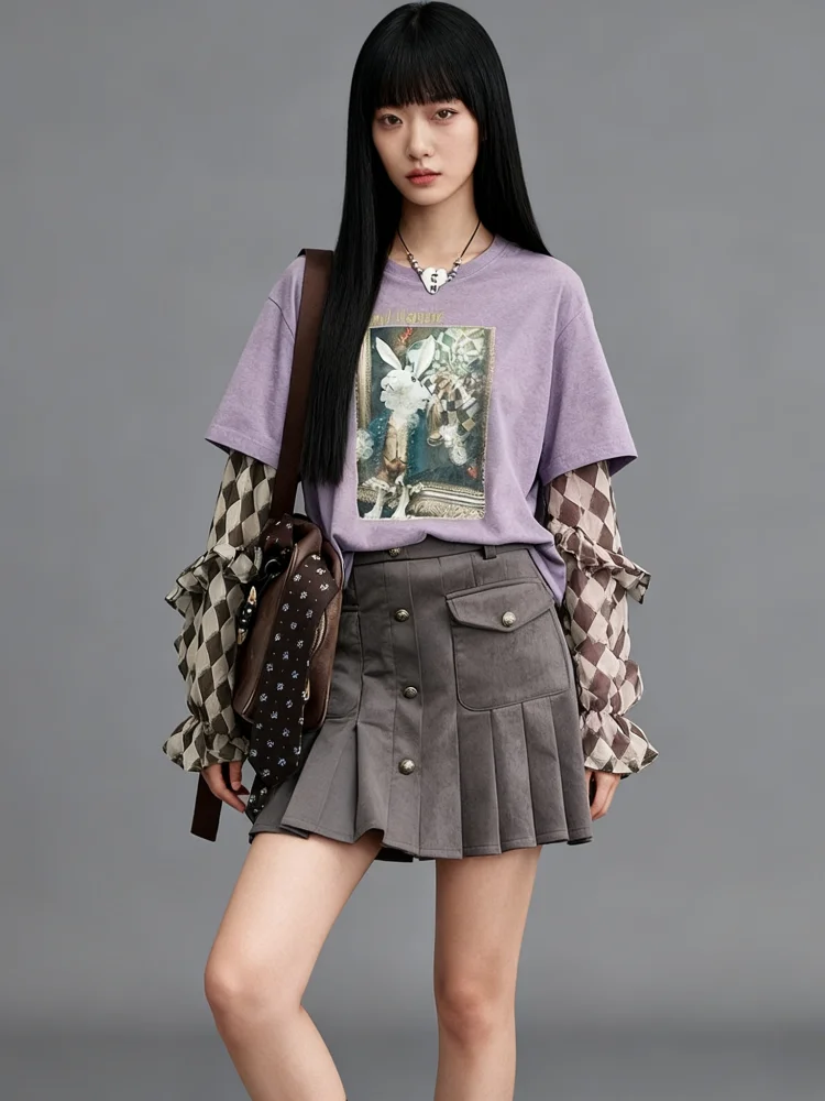 

Creative 2025 Spring Autumn Purple Retro Patchwork Long Sve T-irt Women Design Sensation Top Trendy Loose Fit Girl...