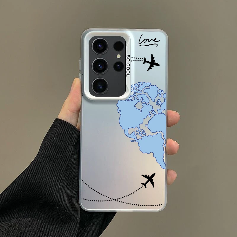 Case For Samsung A56 A36 A26 A24 A16 A14 A12 A32 A50 A70 A22 A34 A54 A52 5G A06 4G Silver IMD Cover Planes World Map Travel Love