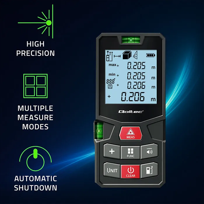 Qoltec digitale laser afstandsmeter met hoge precisie en waterpas | LCD met achtergrondverlichting | 50m