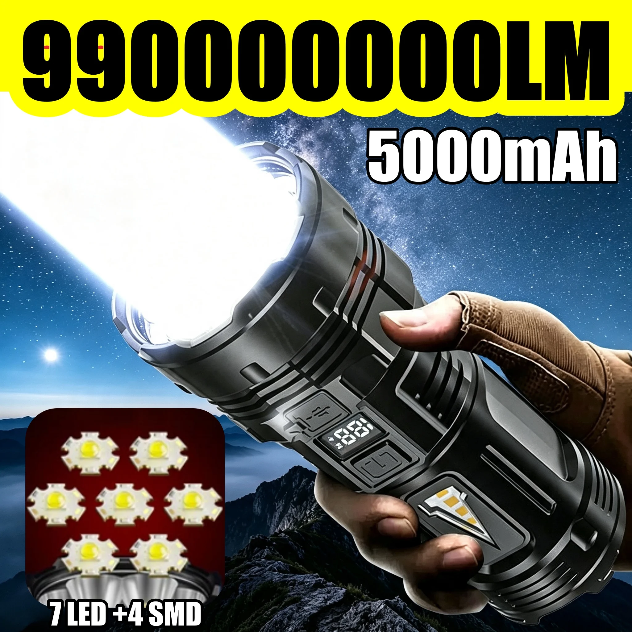 9900000000LM LED Flashlight USB Rechargeable 7LED+4SMD Torch 5000mAh OLED Display Waterproof For Camping Hiking Emergency