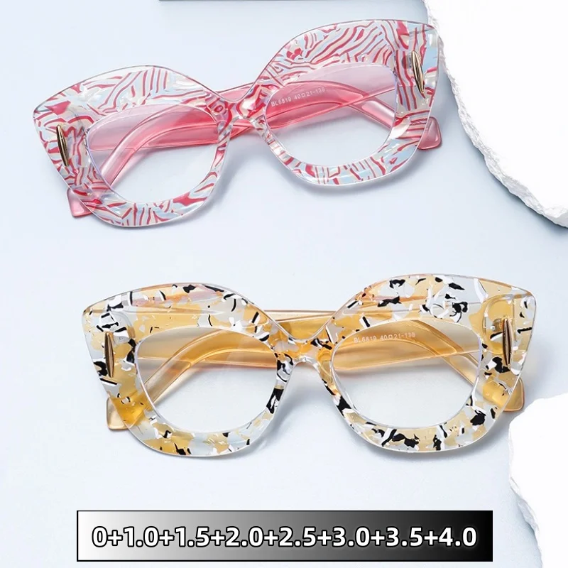 

HD Anti-blue Light Reading Glasses Fashionable Personality Cat Eye Large Frame Floral-print Versatile Eye Protection 0 To +4.0