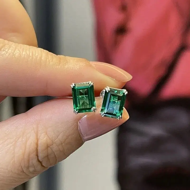 

14K Gold Filled Synthetic Emerald Cushion Princess Cut Ear Stud 925 Silver Pin Green Crystal Gems Moissanite Solitaire Earrings