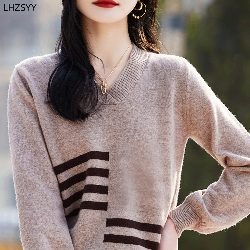 LHZSYY 100%Merino Woollen Sweater Ladies Fashion Bubble Sleeves Pullover Loose New Collision Color Blouse Jacket Knit Base Shirt