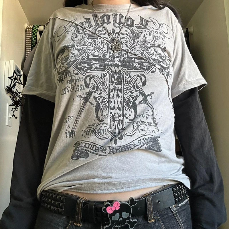 2000s Retro Mall Goth Graphic Print Loose Tops Cyber Y2K Grunge